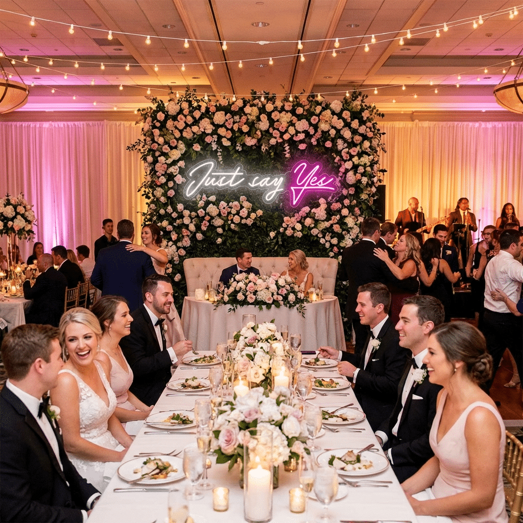 Photocall de boda con neón LED 'Just say Yes' sobre muro de flores
