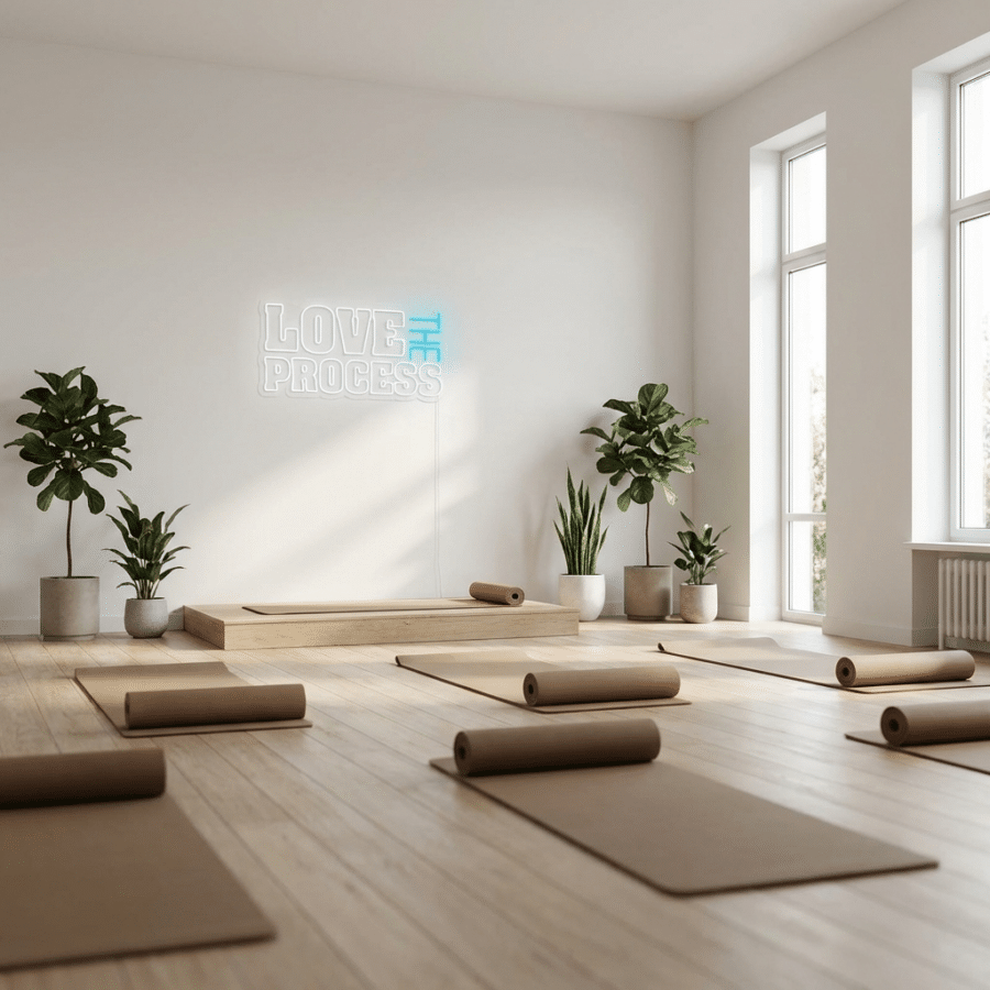 Un luminoso estudio de yoga con colchonetas enrolladas en el suelo, plantas en macetas a lo largo de las paredes y un cartel que reza "LOVE THE PROCESS" (AMA EL PROCESO) en la pared del fondo.