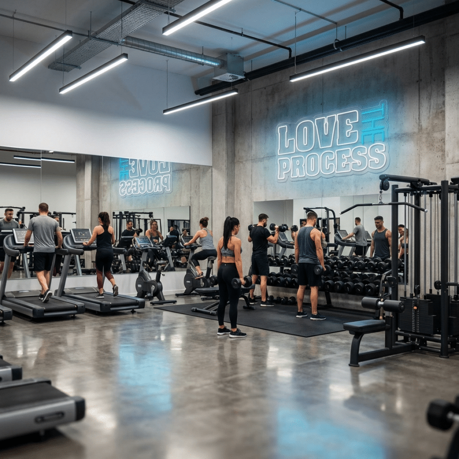 La gente hace ejercicio en un moderno gimnasio con cintas de correr, pesas y espejos. Un cartel de neón en la pared reza "LOVE THE PROCESS.