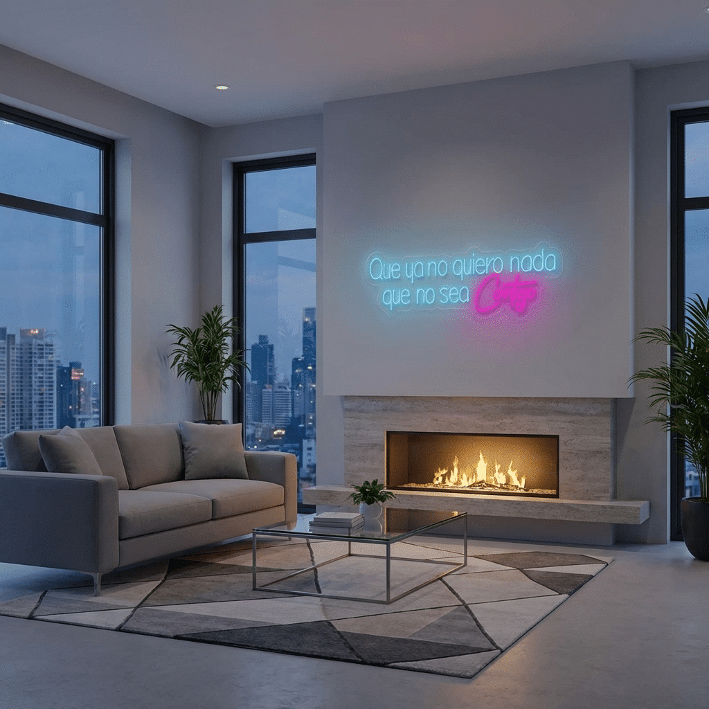 Frase de neón LED en un salón minimalista