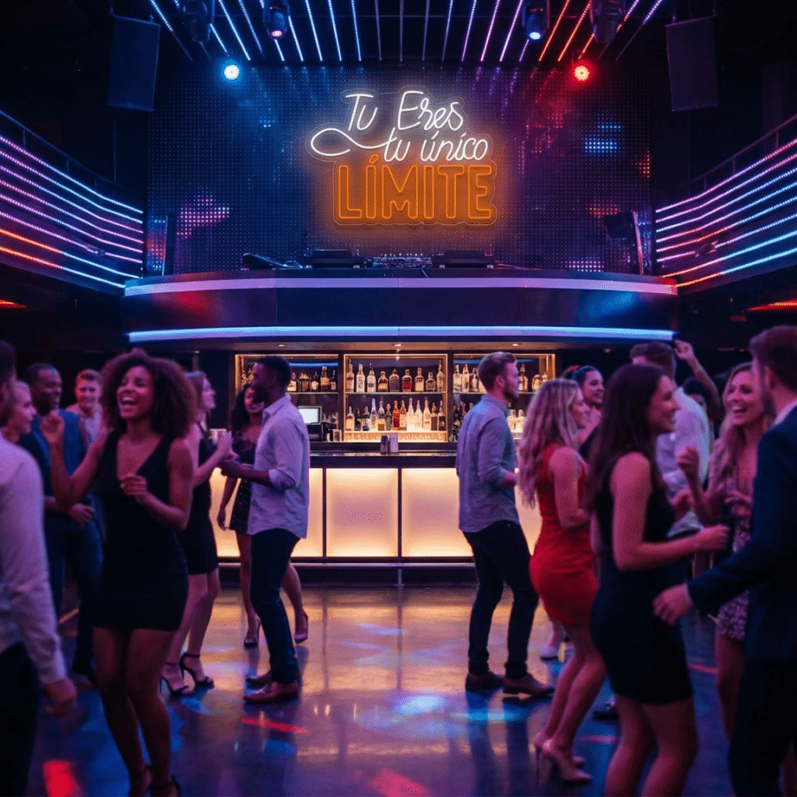 La gente baila y se relaciona en una discoteca con un cartel de neón sobre la barra que dice "Tú eres tu único límite".