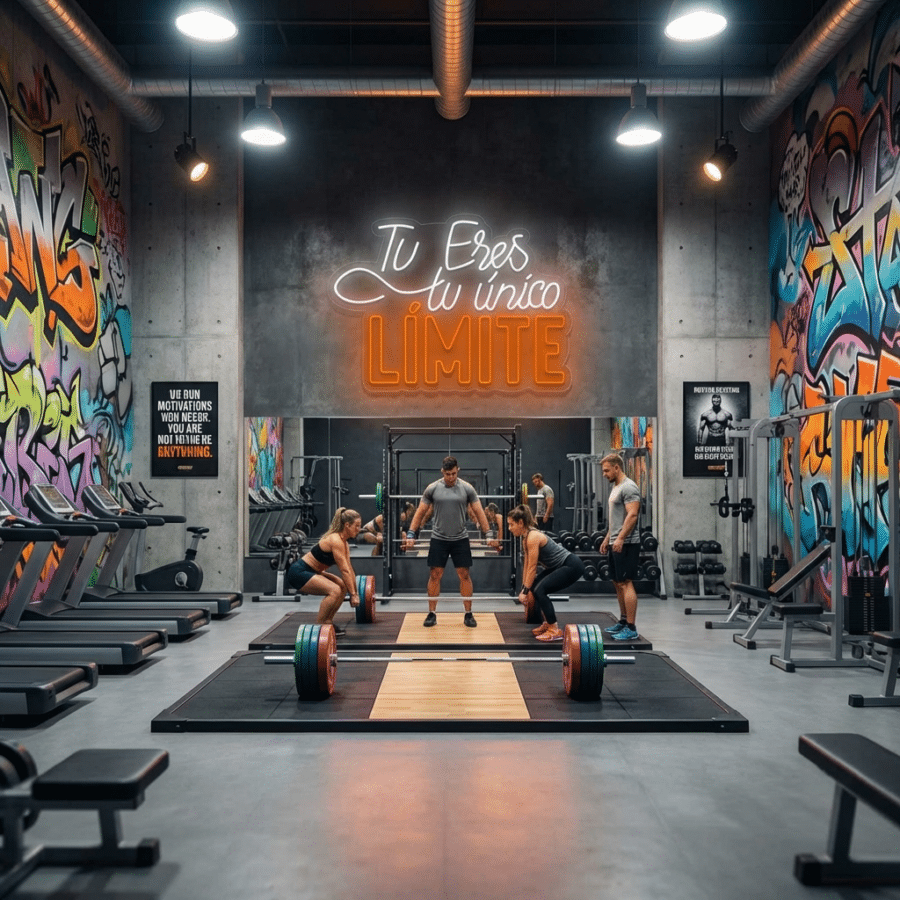 Un grupo de cuatro personas se prepara para levantar pesas en un gimnasio con paredes de graffiti de colores y un cartel de neón que dice "Tú eres tu único límite". Los aparatos de gimnasia rodean la zona de entrenamiento.