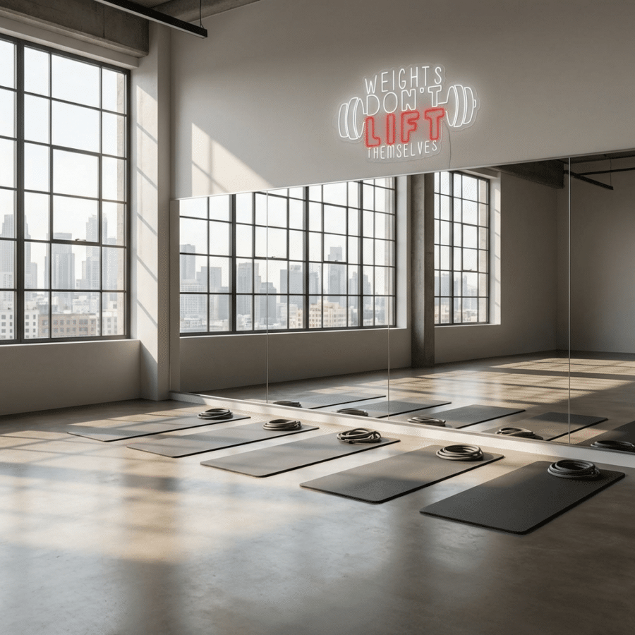 Un moderno estudio de gimnasia con esterillas de yoga, toallas y pesas en el suelo, grandes ventanales, espejos y un cartel de neón que reza "Las pesas no se levantan solas".