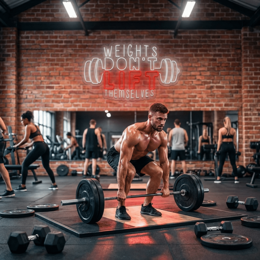 Un hombre se prepara para levantar una barra en un gimnasio con un cartel de neón en la pared que dice: "Las pesas no se levantan solas". Otras personas hacen ejercicio al fondo.