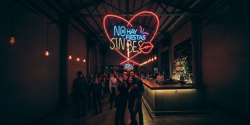 Grupo de personas de pie en un bar poco iluminado con un gran cartel de neón en forma de corazón que dice "NO HAY FIESTAS SIN BESOS" y un gráfico de labios rojos sobre ellos.