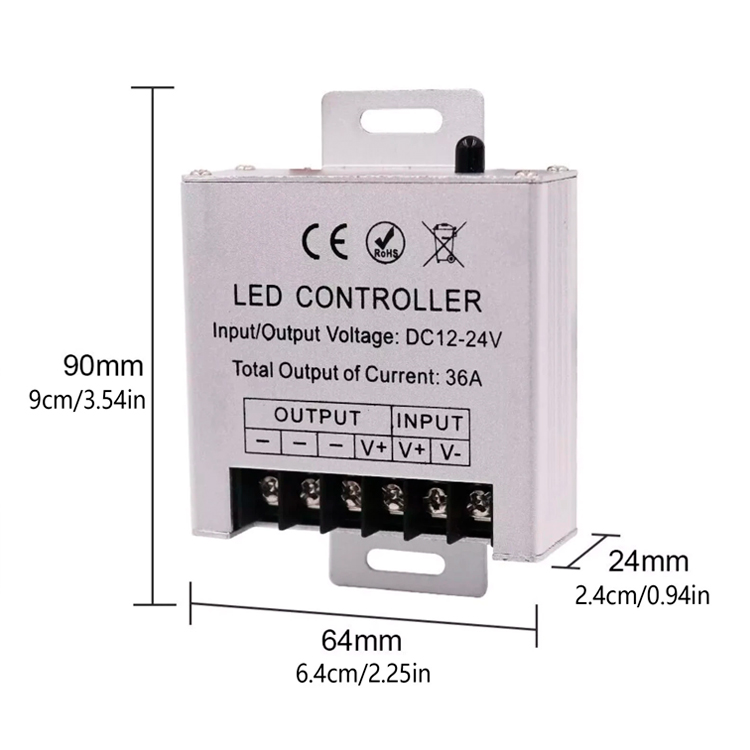 Regulador / dimmer con mando táctil RF para tira led / neón led monocolor 12/24V 30A 3 Regulador/dimmer táctil RF para tira/neón LED monocolor 12/24V 30A, rectangular y plateado, con bornes etiquetados y dimensiones de 90x64x24mm.
