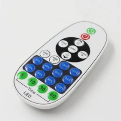 Mando a distancia táctil RF blanco para el Regulador/dimmer 12/24V 30A para tiras LED/neón monocolor, con botones azul, verde y negro para velocidad, brillo, modo, temporizador, funciones LED (porcentajes) y encendido.