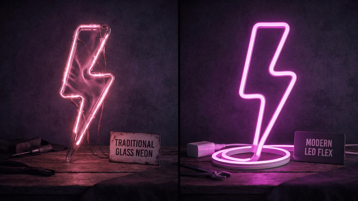 Comparativa visual entre neón tradicional de vidrio y neón LED flex moderno