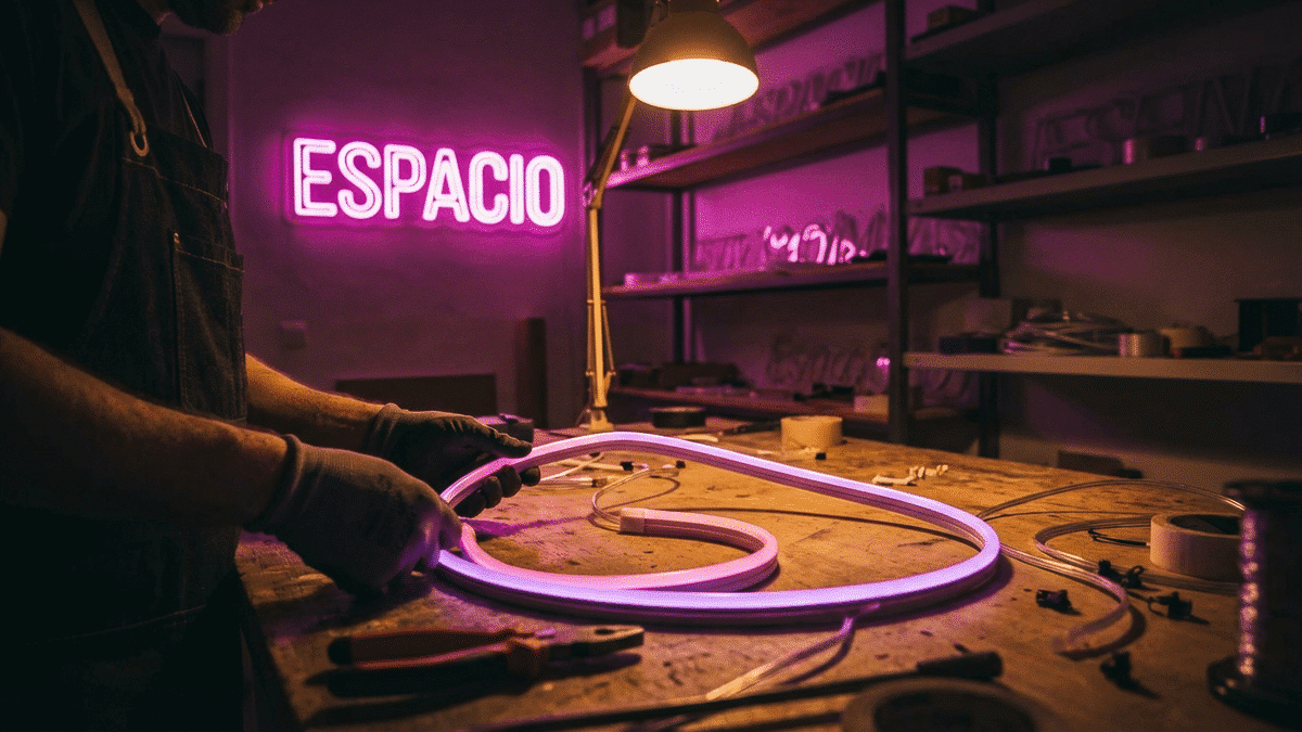 Artesano fabricando un neón LED personalizado en el taller