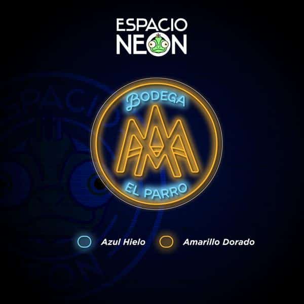 Neón LED Personalizado BODEGA EL PARRO 1 Diseño de rótulo de neón con el texto "Bodega El Parro" en azul y amarillo, con formas geométricas. Colores disponibles: Azul Hielo y Amarillo Dorado. "Espacio Neon" en la parte superior.
