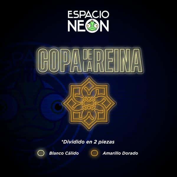 Neón LED Personalizado COPA DE LA REINA 1 Gráfico promocional para el cartel de neón "Copa de la Reina", que muestra dos opciones de color: blanco cálido y amarillo dorado, con un diseño floral geométrico en el centro.