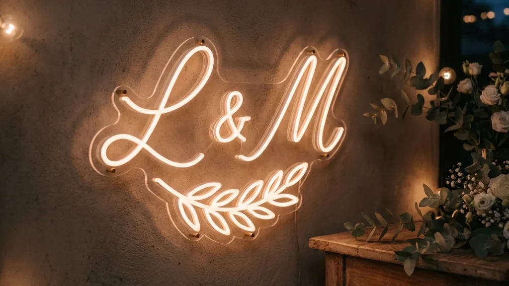 Iniciales de los novios en neón LED blanco cálido como decoración de boda