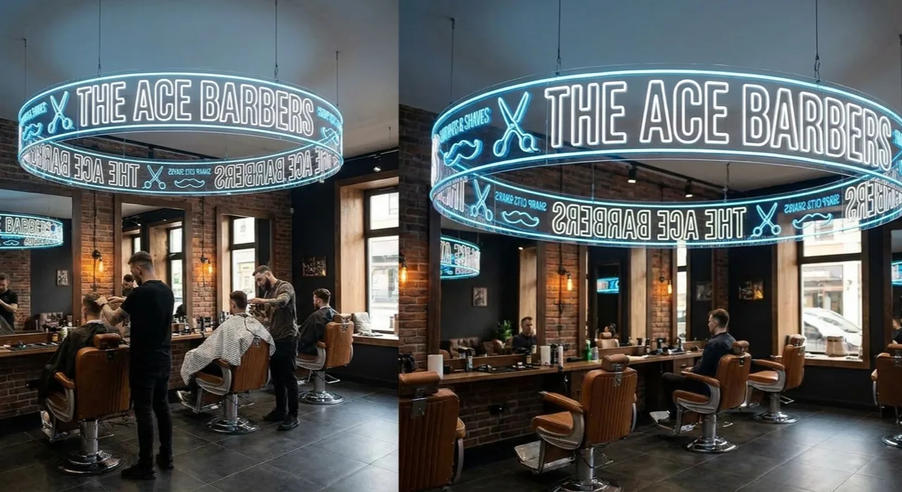 Diseño de rótulo de neón 360° colgado en una barbería moderna