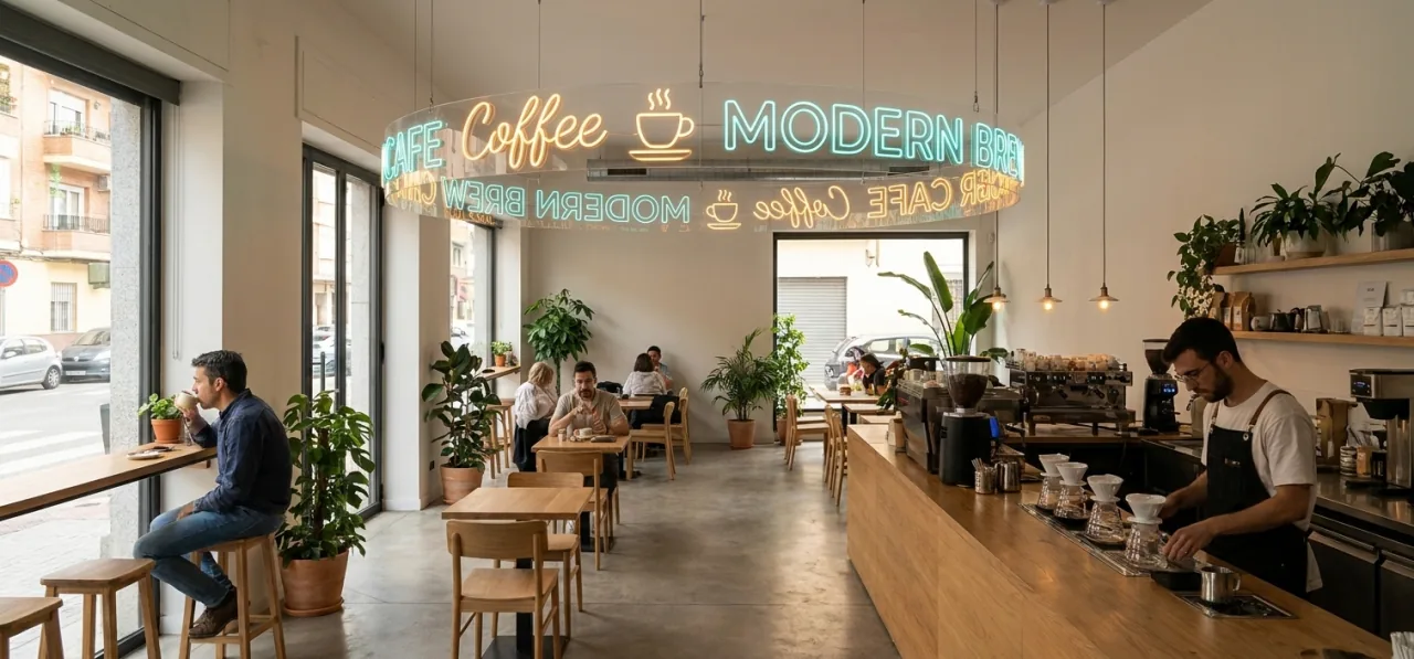 Diseño de rótulo de neón 360° en una cafetería de estilo moderno