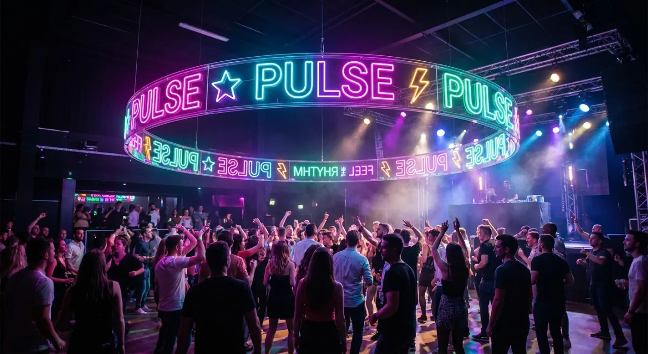 Diseño de rótulo de neón 360° colgado sobre la pista de una discoteca