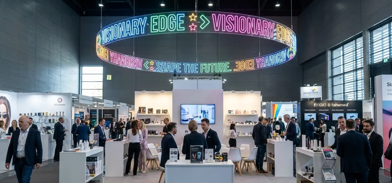 Diseño de rótulo de neón 360° colgado sobre un stand de feria