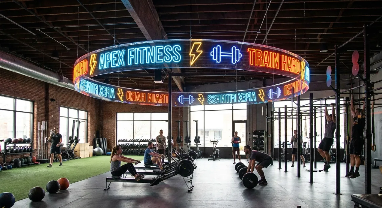 Diseño de rótulo de neón 360° colgado en la sala de un gimnasio