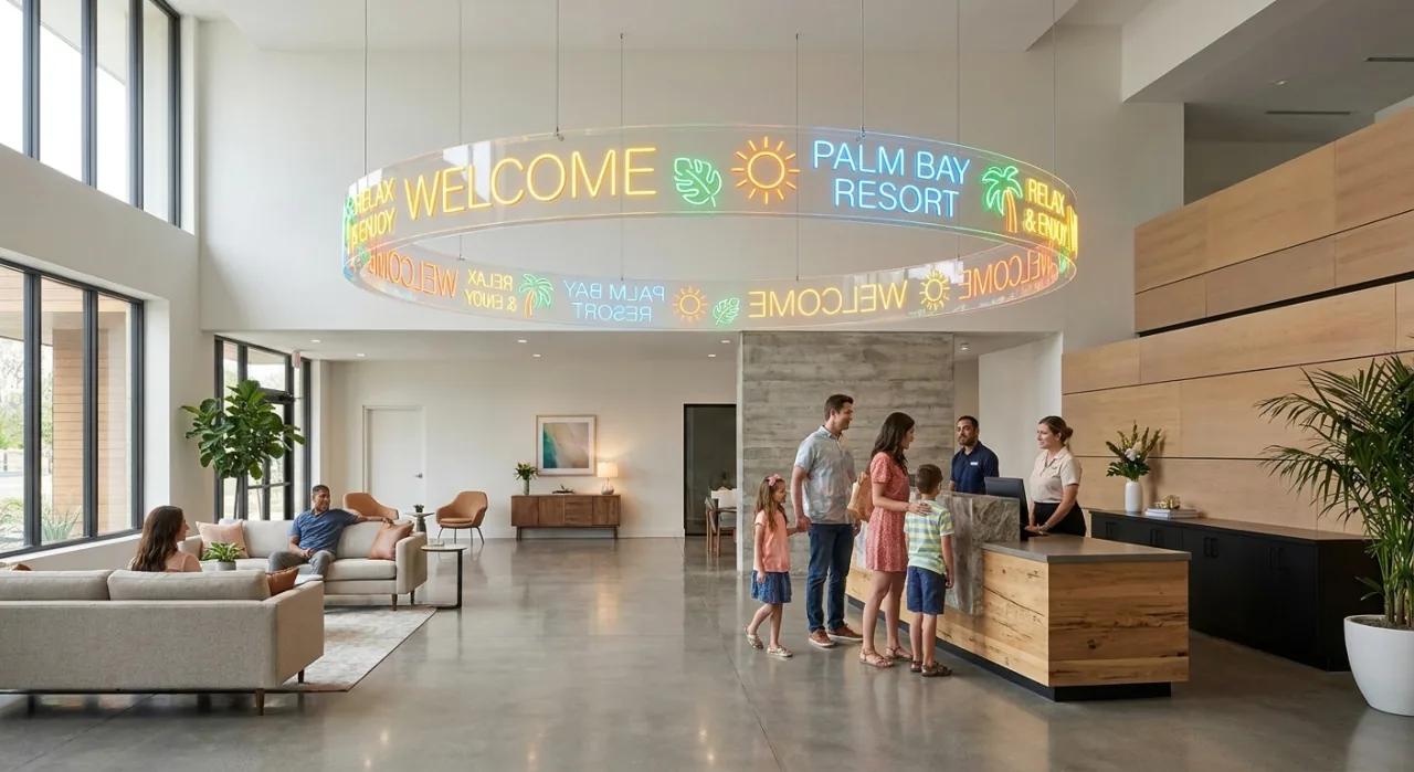 Diseño de rótulo de neón 360° en el hall de recepción de un hotel