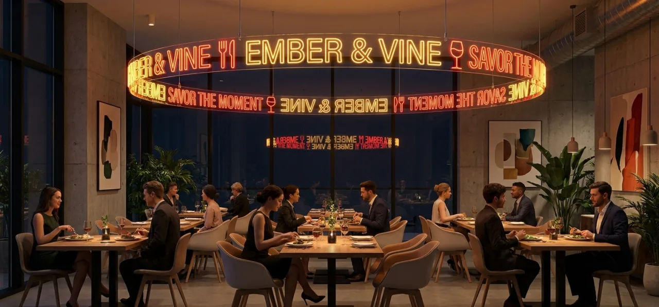 Diseño de rótulo de neón 360° sobre las mesas de un restaurante moderno