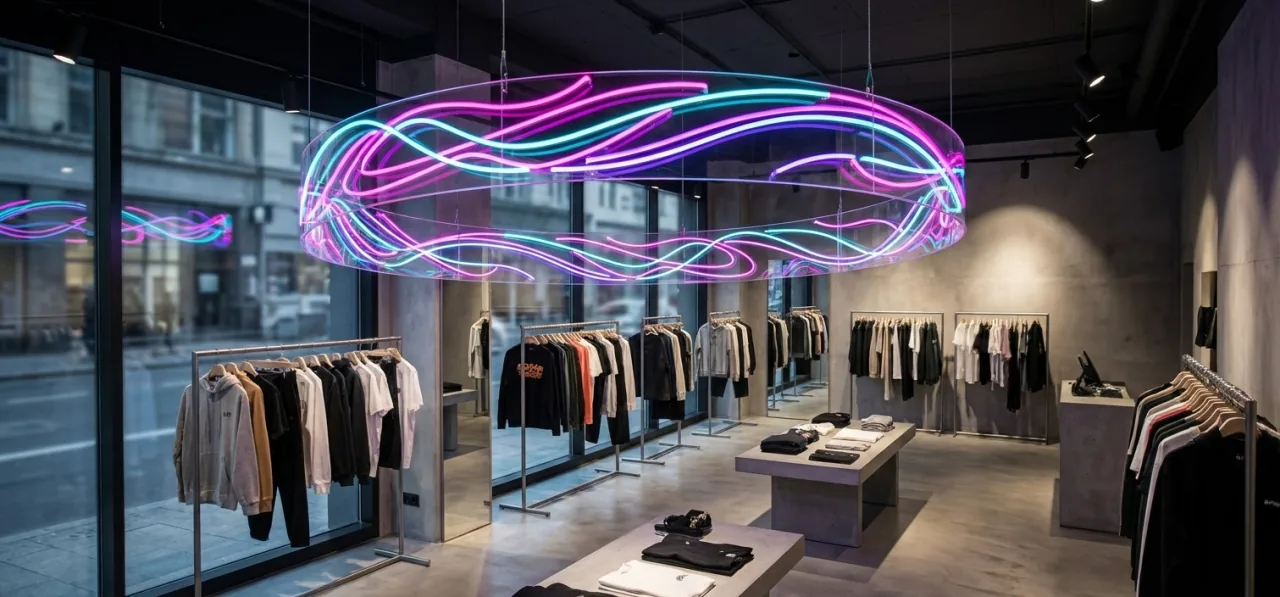 Diseño de rótulo de neón 360° RGB multicolor en una tienda de moda
