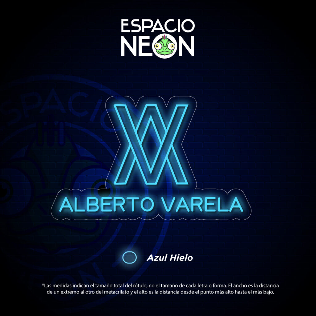 Logotipo de estilo neón con las iniciales «AV» superpuestas y el texto «ALBERTO VARELA» en azul —denominado «Azul Hielo»— sobre un fondo oscuro, con la inscripción «ESPACIO NEON» en la parte superior.