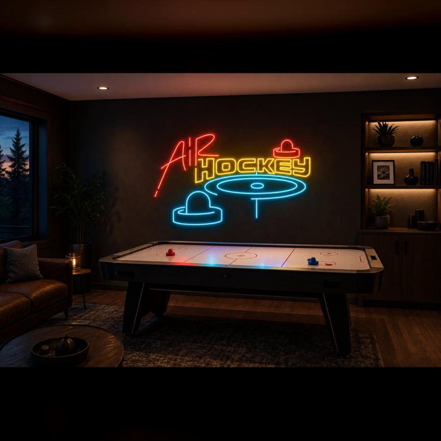 Sala de juegos moderna con mesa de air hockey, un letrero de neón que dice «Air Hockey» en una pared oscura, estanterías con objetos decorativos, un sofá y un gran ventanal desde el que se ven los árboles al atardecer.