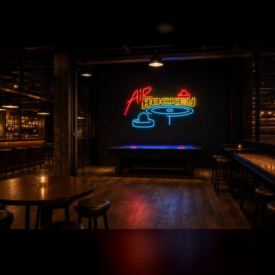 Un bar con poca luz, con mesas de madera, una mesa de hockey de aire y un letrero de neón en la pared que dice «Air Hockey», con el dibujo de un disco y un mazo.