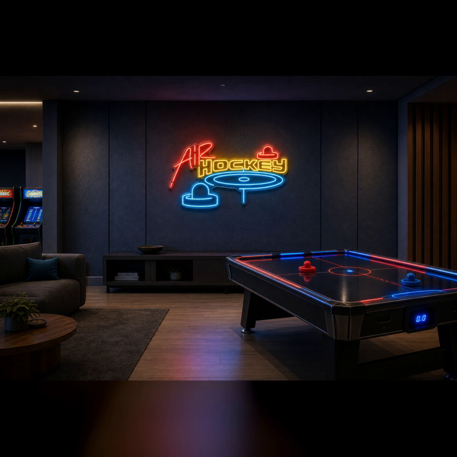 Una moderna sala de juegos con una mesa de hockey aéreo, un letrero de neón que dice «Air Hockey» en la pared y máquinas recreativas que se ven al fondo.