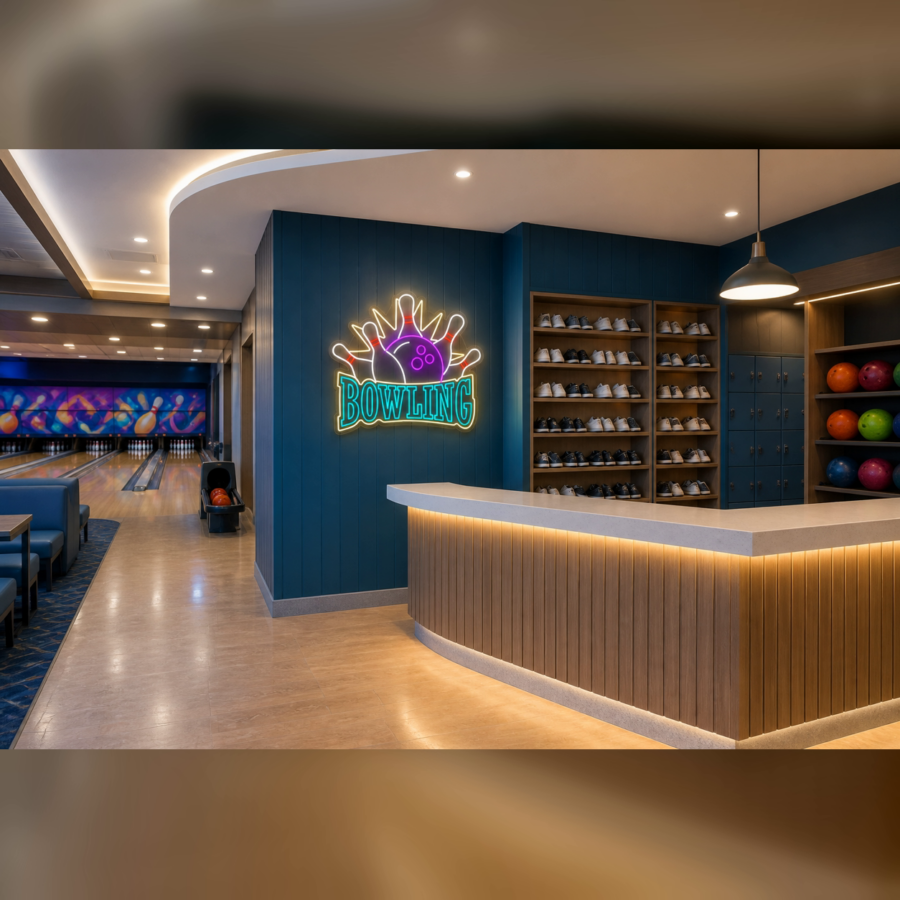 Una moderna bolera cuenta con un mostrador de recepción, un espacio para guardar los zapatos, bolas de bolos de colores y pistas al fondo con llamativos murales.