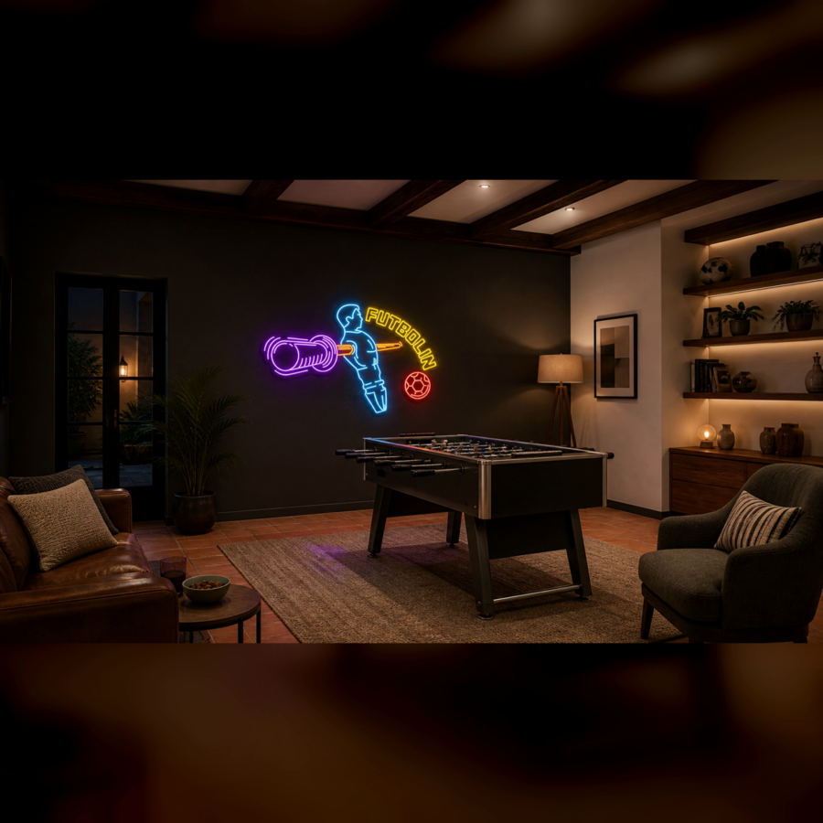 Mesa de futbolín en un acogedor salón con un letrero de neón que dice «FUTBOLÍN» y un dibujo de un jugador en la pared, iluminación cálida y estanterías con objetos decorativos.