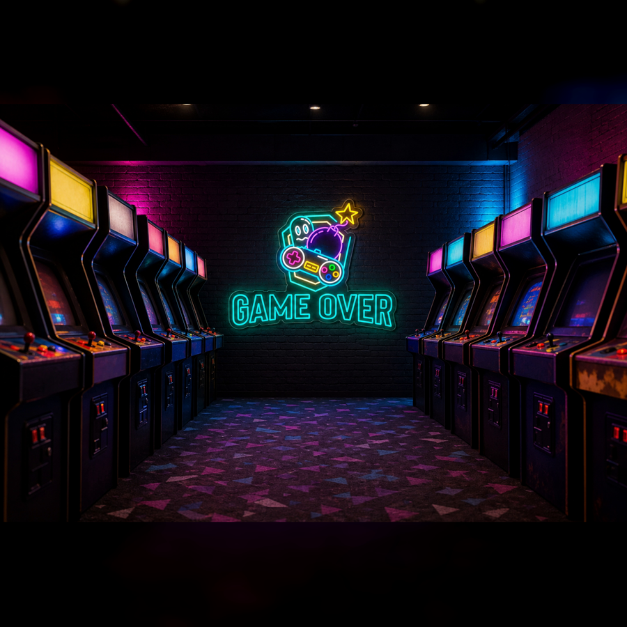 Una fila de máquinas recreativas antiguas se alinea a ambos lados de una sala, con un letrero de neón que dice «Game Over» y el símbolo de un mando de videojuegos en la pared del fondo. La sala está tenuemente iluminada con luces de colores.