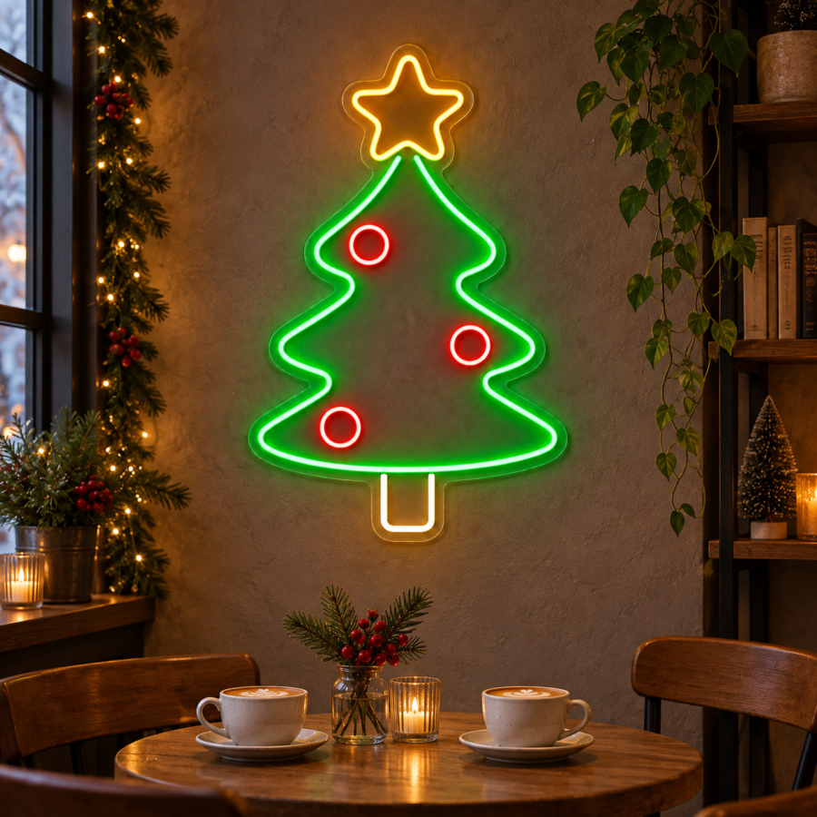 Neón LED Árbol de Navidad en pared de cafetería navideña
