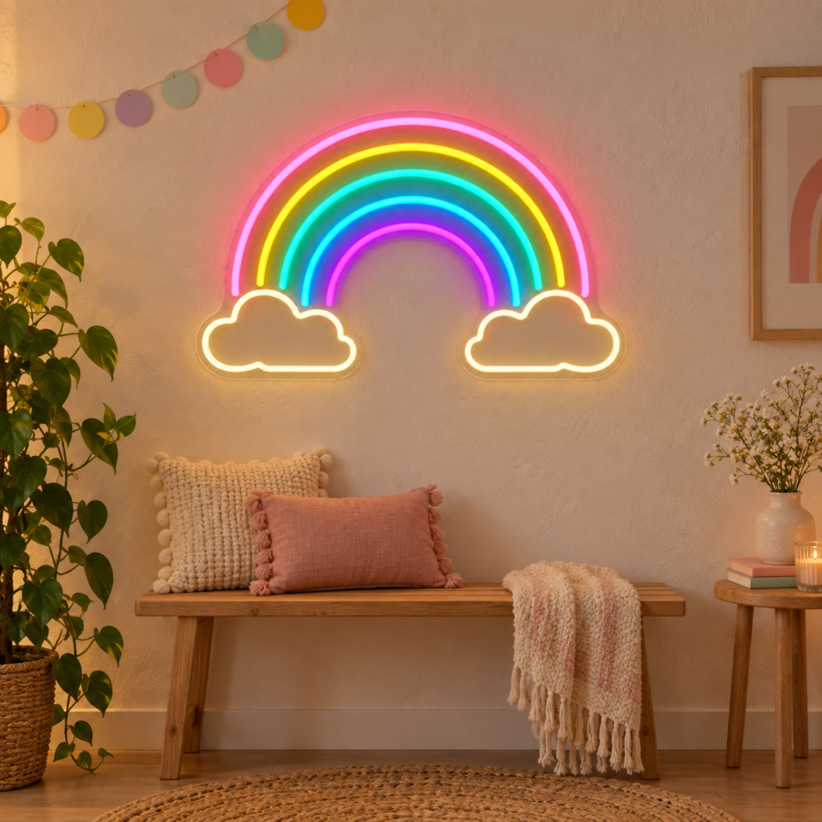 Neón LED Arcoíris en zona de fotos de fiestas