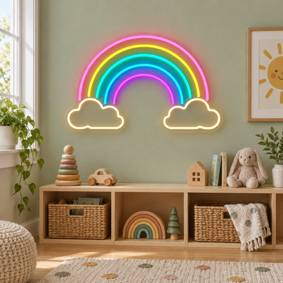 Neón LED Arcoíris en pared de tienda infantil