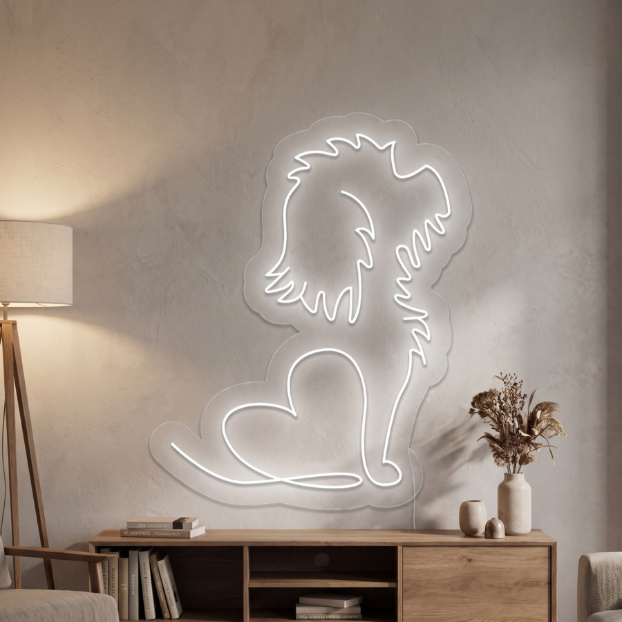 Una habitación minimalista cuenta con una lámpara de pared de neón con diseño lineal con forma de perro, una consola de madera, jarrones de cerámica, flores secas y una lámpara de pie.