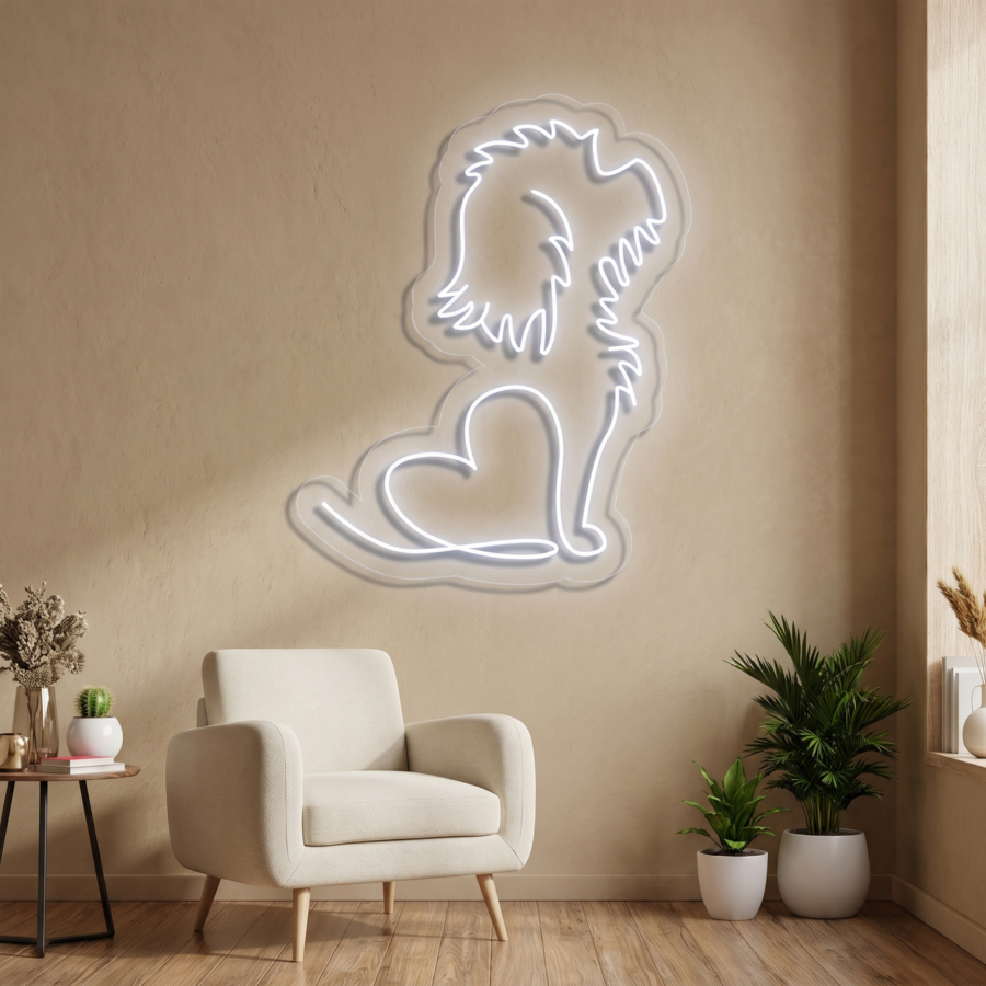 Una habitación de color beige con un sillón, dos plantas en maceta y una lámpara de neón de pared con forma de perro, cuyo contorno tiene un corazón.