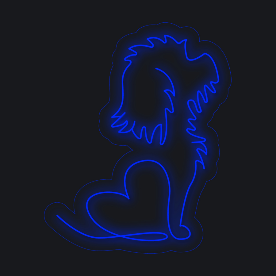 Contorno de neón azul de un perro sentado con una forma de corazón integrada en su cuerpo, sobre un fondo negro.