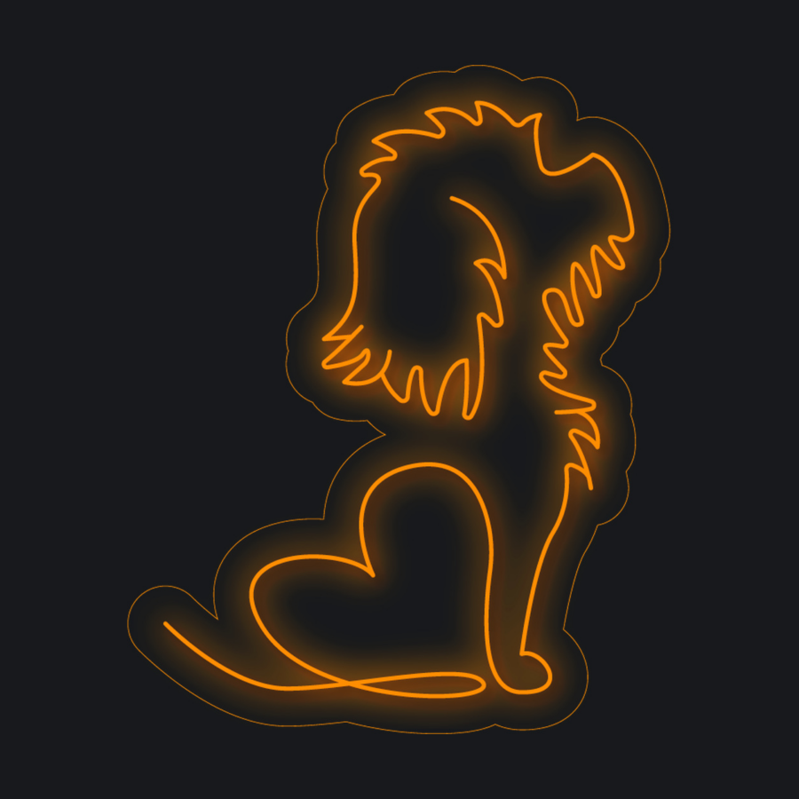 Un dibujo lineal en neón naranja representa a un perro peludo sentado, con una forma de corazón integrada en su cuerpo, sobre un fondo oscuro.