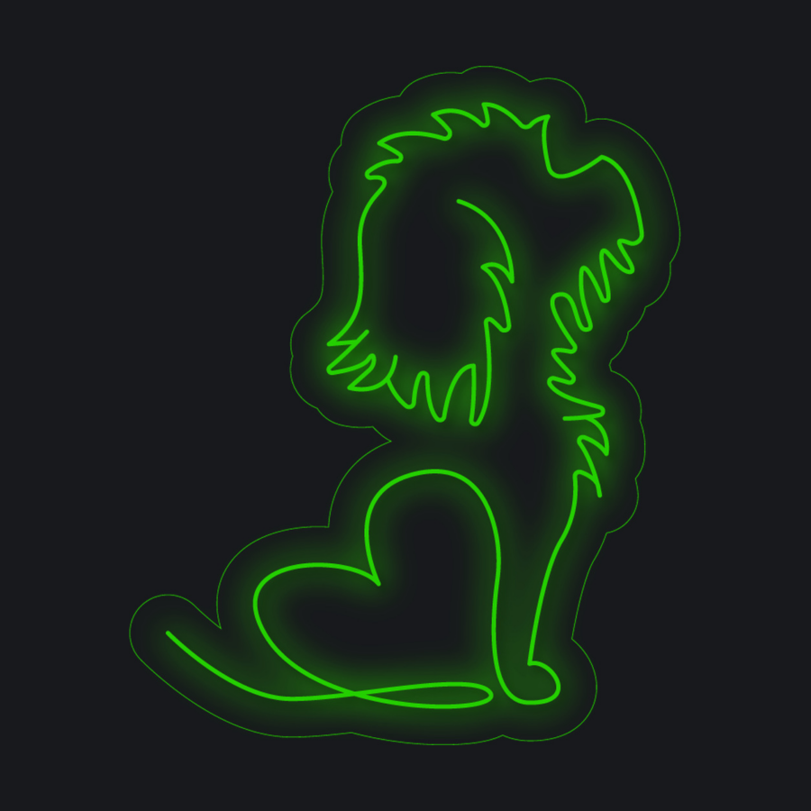 Ilustración con contorno en verde neón de un perro sentado con una forma de corazón integrada en su cuerpo, sobre un fondo oscuro.