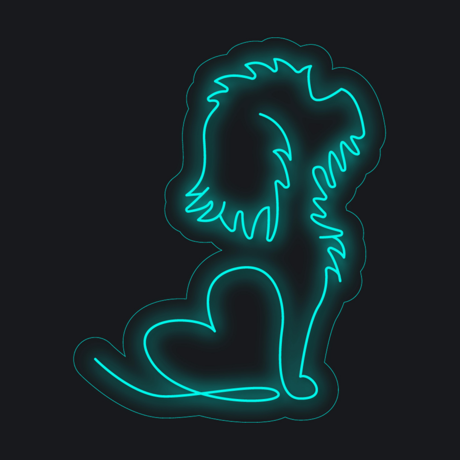 Contorno en azul neón de un perro sentado de espaldas, con una forma de corazón incorporada en el dibujo lineal de su cuerpo, sobre un fondo negro.