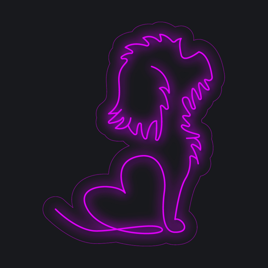 Silueta en rosa neón de un perro sentado, con una forma de corazón que forma parte de su cuerpo, sobre un fondo negro.