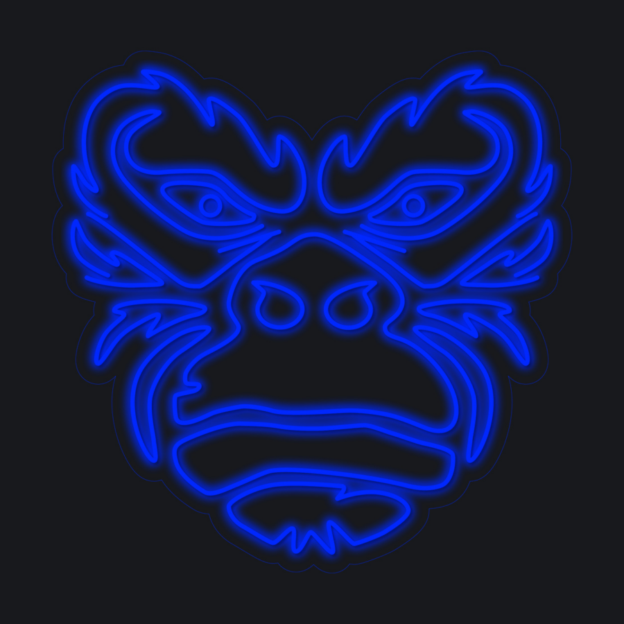 Contorno azul estilo neón de una cara de gorila estilizada sobre fondo negro, con líneas marcadas y rasgos faciales destacados.