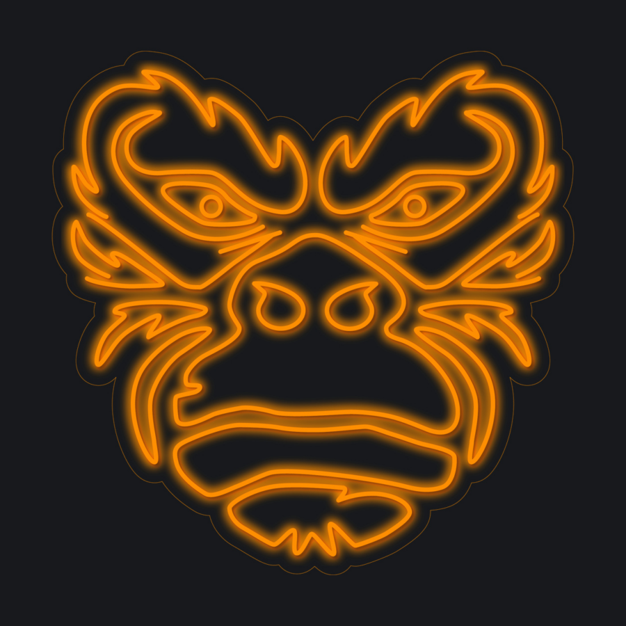 Ilustración de una cara de gorila estilizada con luz de neón naranja sobre un fondo oscuro.