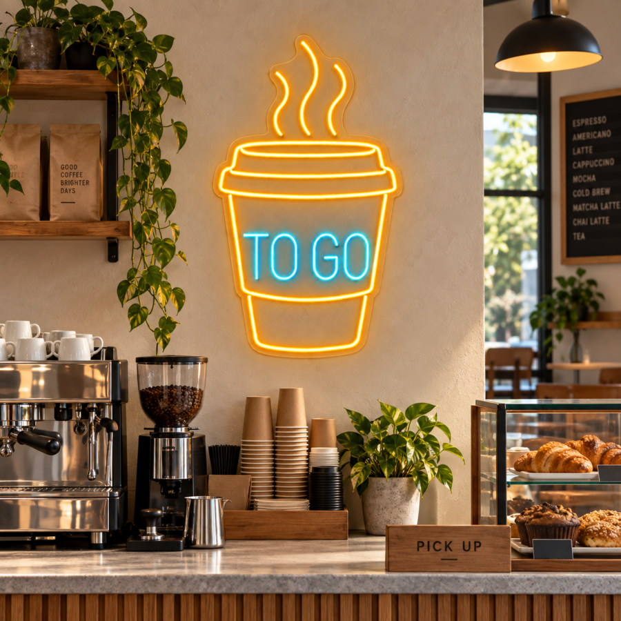 Neón LED Café para Llevar sobre un mostrador de cafetería con pared crema