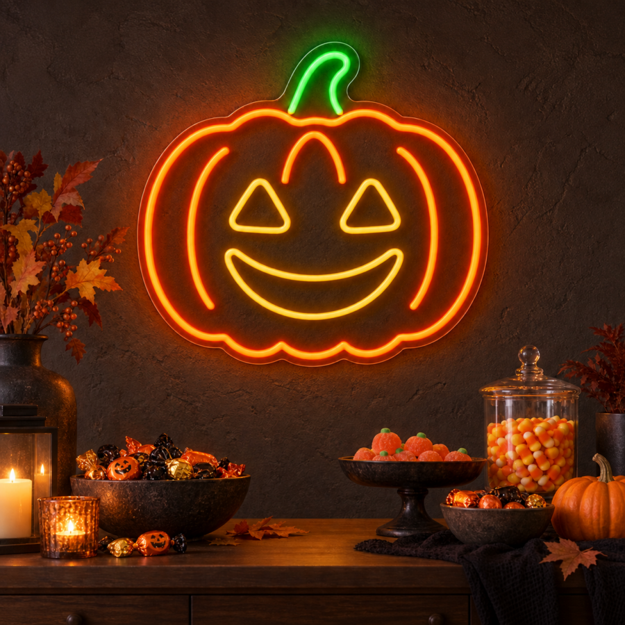Neón LED Calabaza Halloween en mesa de dulces de Halloween