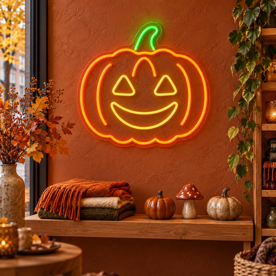 Neón LED Calabaza Halloween en escaparate de tienda en otoño