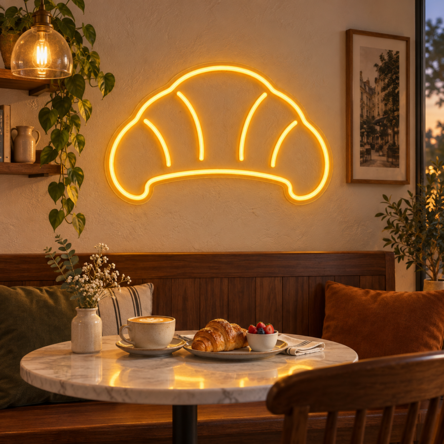 Neón LED Croissant en local de brunch