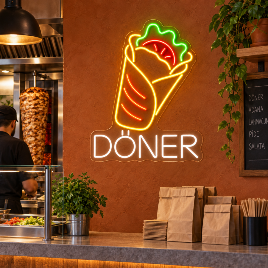 Neón LED Döner en Wrap sobre un mostrador de recogida con pared terracota