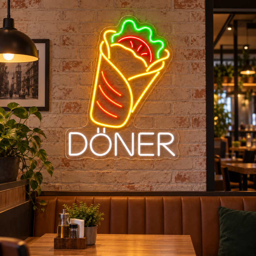 Neón LED Döner en Wrap junto a un reservado de restaurante con pared de ladrillo
