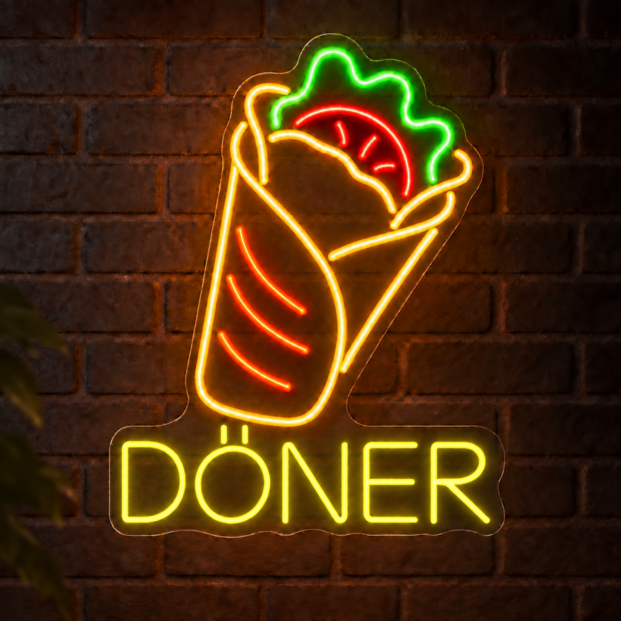 Neón LED Döner en Wrap con letras en Amarillo Limón